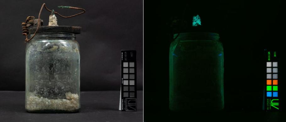 An early battery that resembles a jar is compared to an image of it under UV lightning.