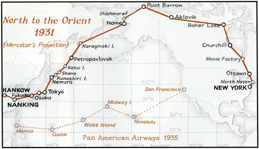 Hand-drawn map of the Pacific Ocean, East Asia, and North American. Titled in red in the upper right corner "North to the Orient, 1931" A solid red line traces a path from New York through Nome, Alaska, and the Arctic Circle to Hankow. A dotted red line below traces a path from San Francisco to Manila via the Pacific.