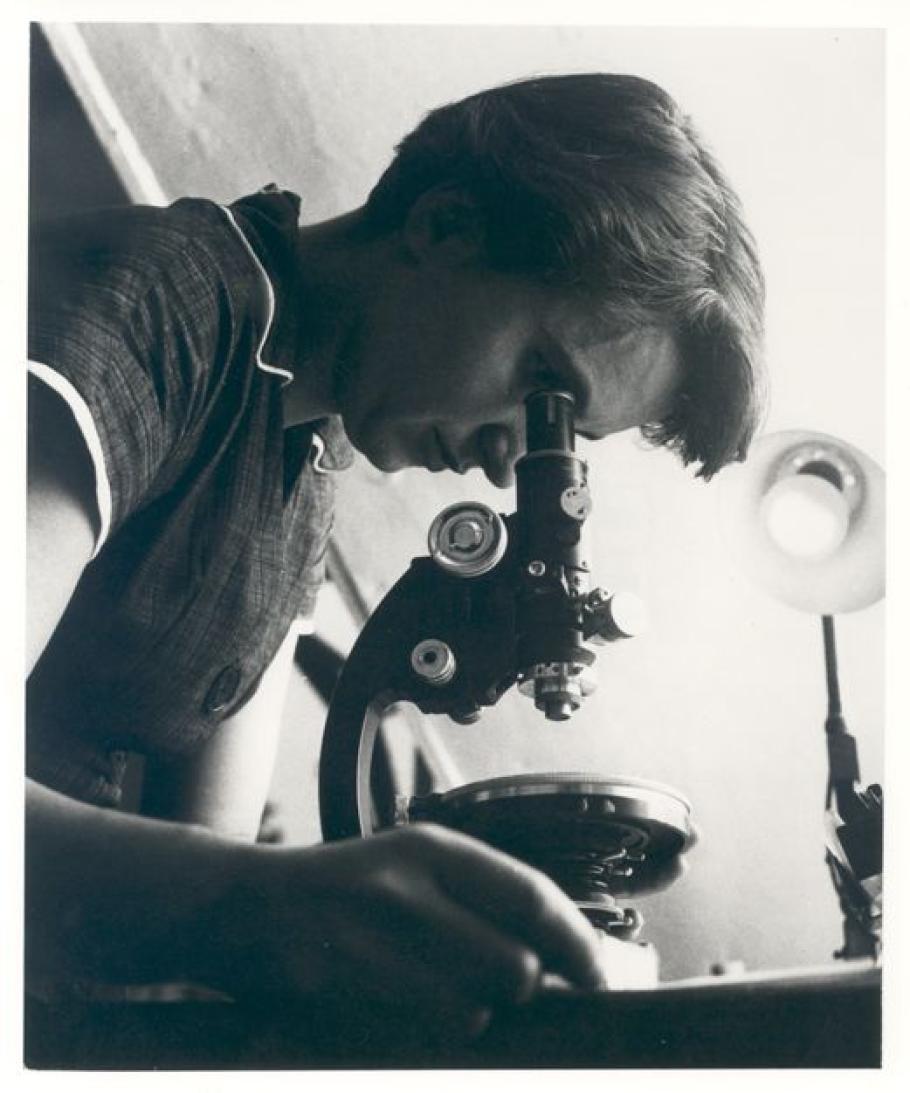 Rosalind Franklin looks through a telescope, hunched over it
