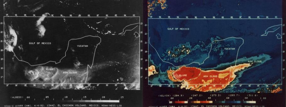 Two graphics of the Yucatan Peninsula side by side. The lefthand graphic is black and white, showing a cloud of white over the Southern part of the peninsula. The righthand graphic has colors, with a deep red over the southern part of the peninsula and a deep blue across the rest. 