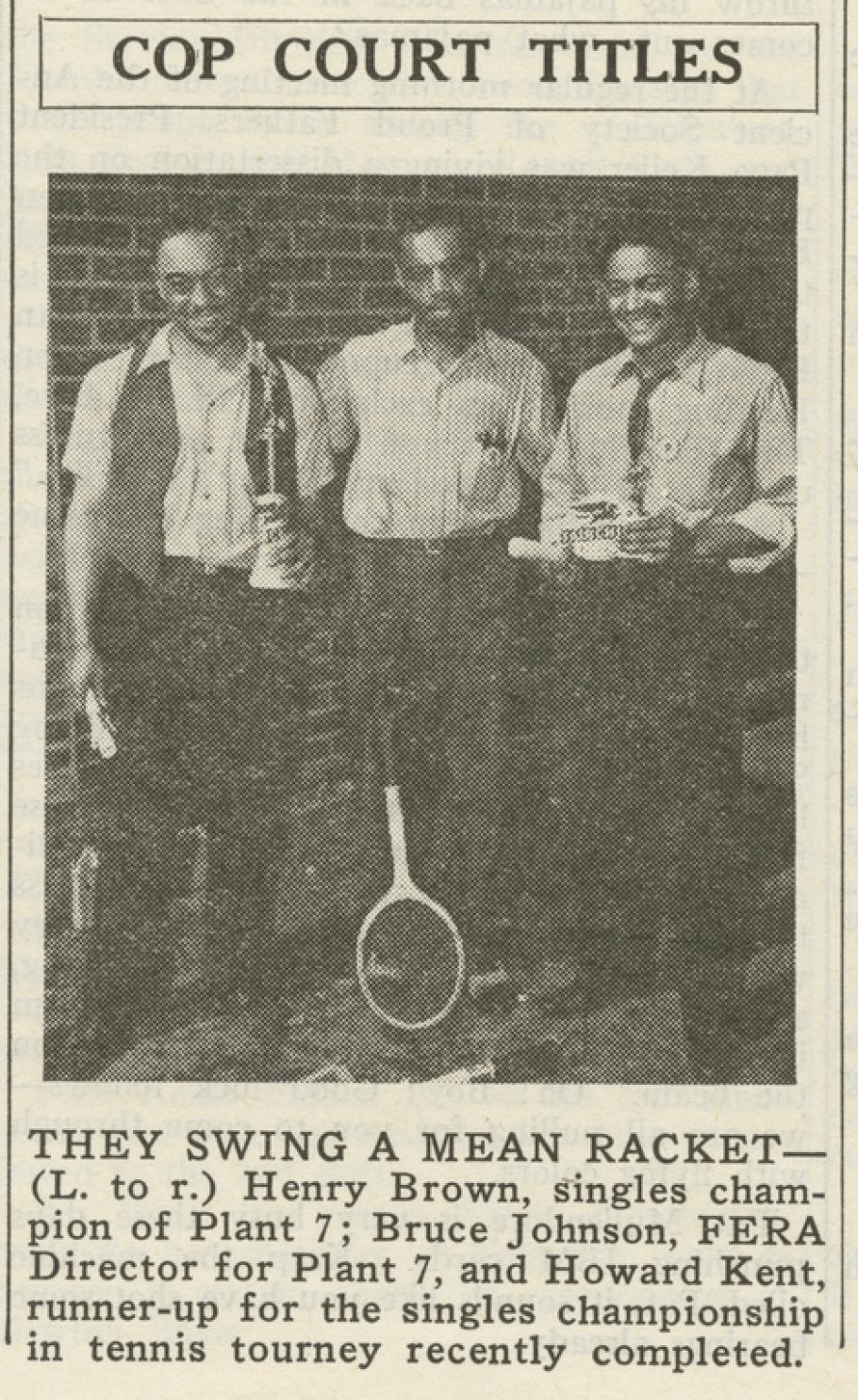 Halftone photo of three Black men.  The one on the left holds a trophy, the one in the middle a tennis racket, and the one on the right holds the Fairchild logo.