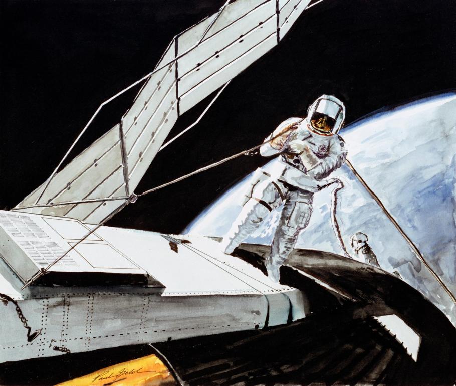 A painting of a person performing an extravehicular activity on the outside of the Skylab space station.