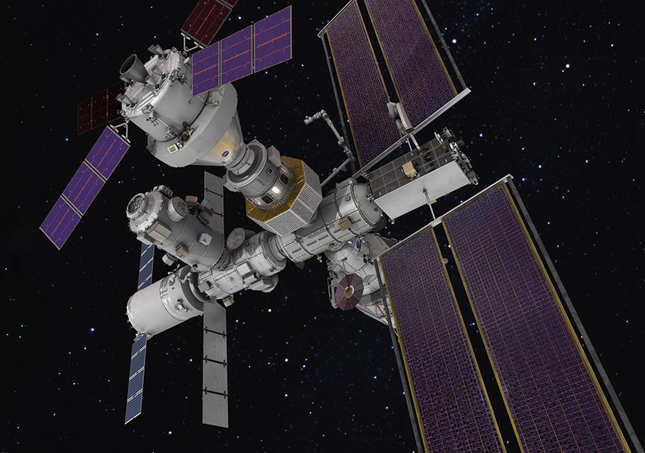 The modules that comprise the space station are white, while the solar arrays mounted on the station and visiting spacecraft are vibrant purple.