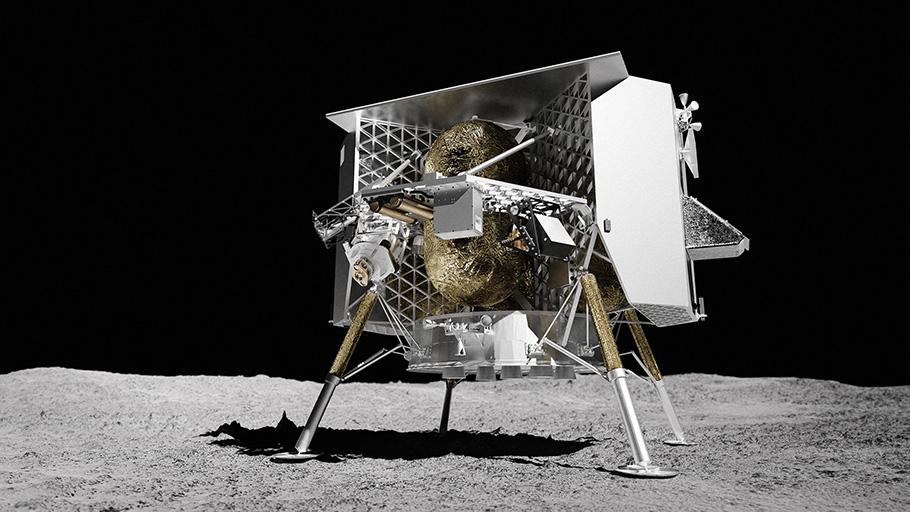 The silver lander casts a small shadow on the brightly sunlit lunar surface, with no hills in sight.