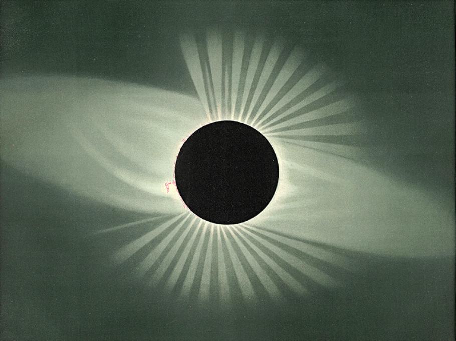In this pastel drawing of a solar eclipse, a black disk representing the moon obscures the sun, with several feathery white rays beaming out from behind the disk.