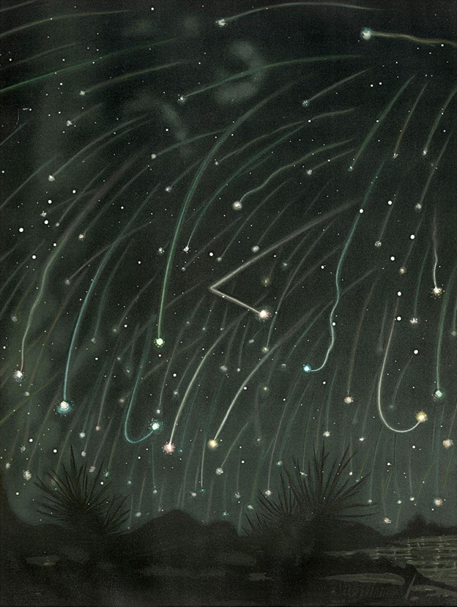 In this black-and-white pastel drawing, dozens of bright white meteors rain down from above, with the dark night sky as a backdrop.