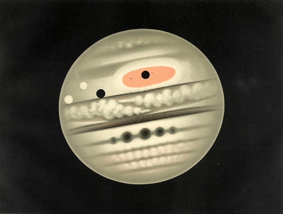 A pastel drawing of Jupiter depicts puffy white clouds. The planet's Great Red Spot is shown in a salmon color.