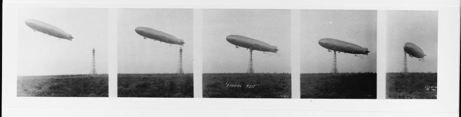 Montage of five photographs showing an airship leaving its mooring mast.