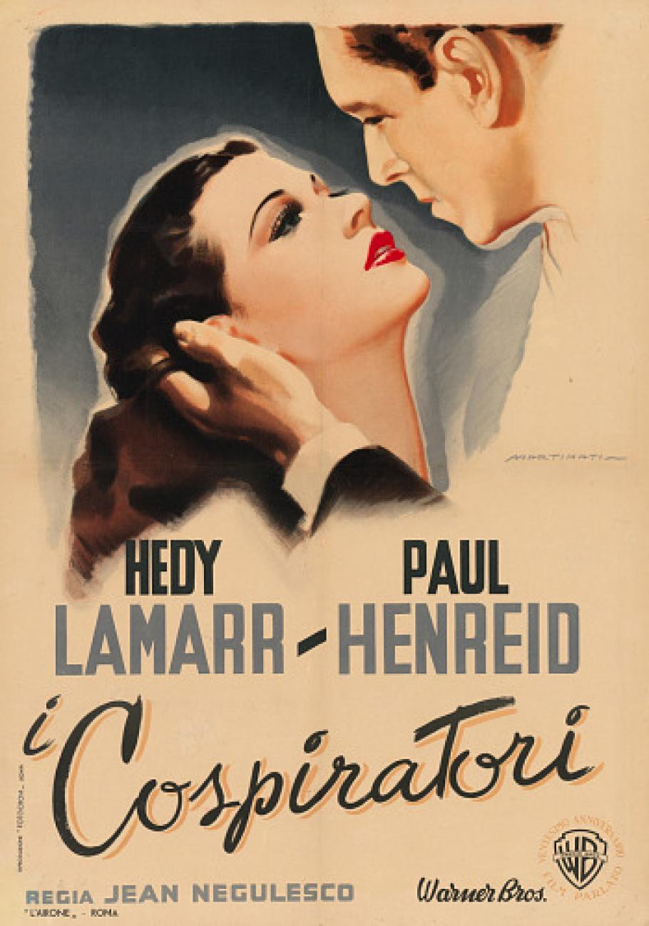 A movie poster featuring Hedy Lamarr. The movie is called "I Cospiratori" and it features two people close to embracing.