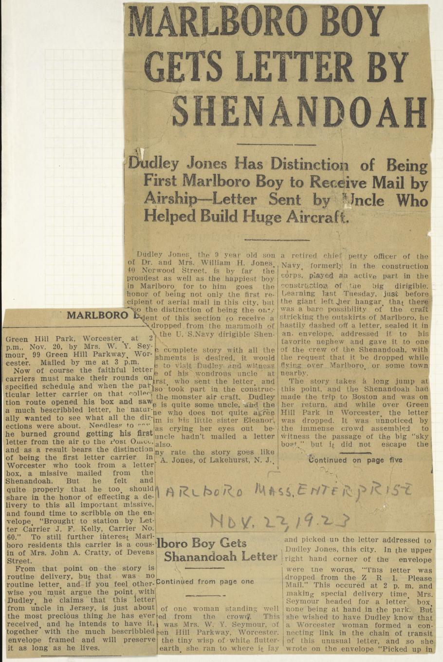 A clipped newspaper article that has been arranged so that it can be read on a single page. It includes a headline about Dudley Jones receiving mail dropped from the USS Shenandoah.