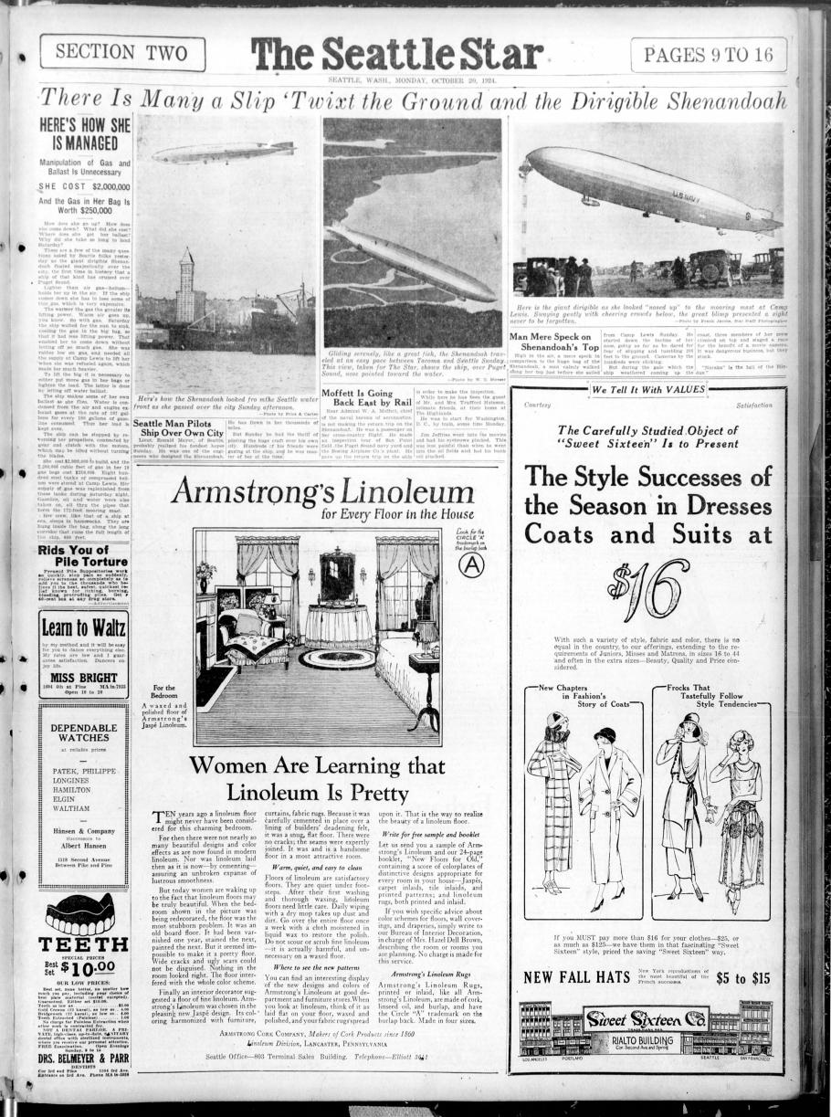 A page from the Seattle Star newspaper dated October 20th, 1924. The headline reads “There is many a slip ‘twixt ground and dirigible Shenandoah” 