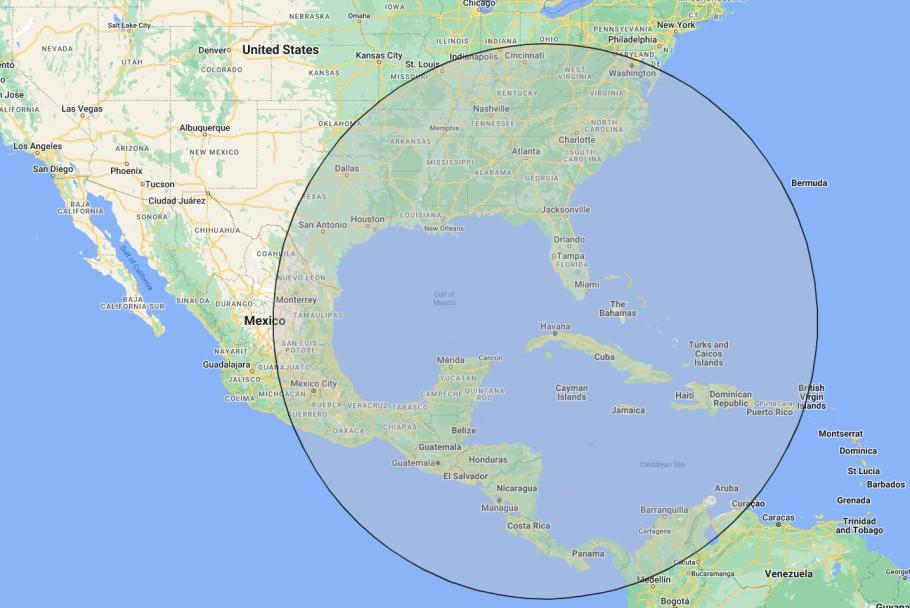 A map showing the range of intermediate missiles from Cuba to the United States, reaching Washington DC, and as far west as San Antonio. 
