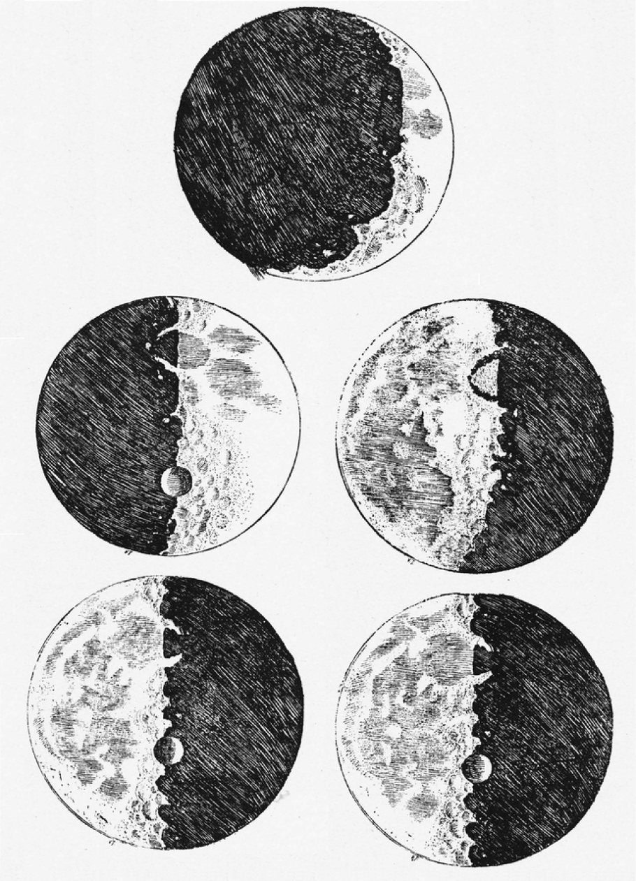 Five sketches of the moon showing it waxing and waning. 