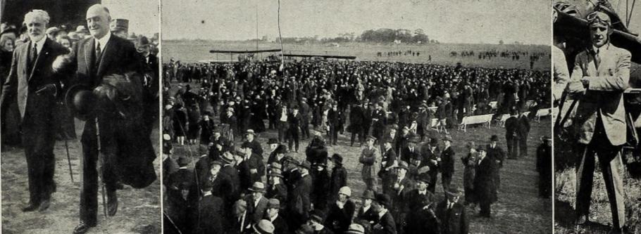 Images from the 1923 “Wilbur Wright Cup” air race held at the San Fernando airfield. On the left, the President of Argentina Marcelo Torcuato de Alvear arrives at the event. In the middle, the crowd gathers at the airfield’s edge to watch the competitors take off. Leon stands triumphantly on the right after winning the race. El Hogar, December 10, 1923.