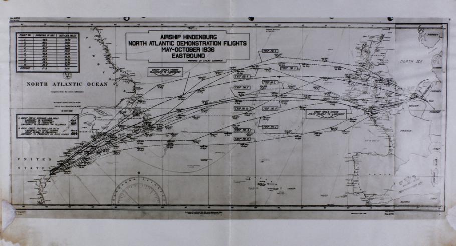 Black and white image of map of airship routes across the North Atlantic.