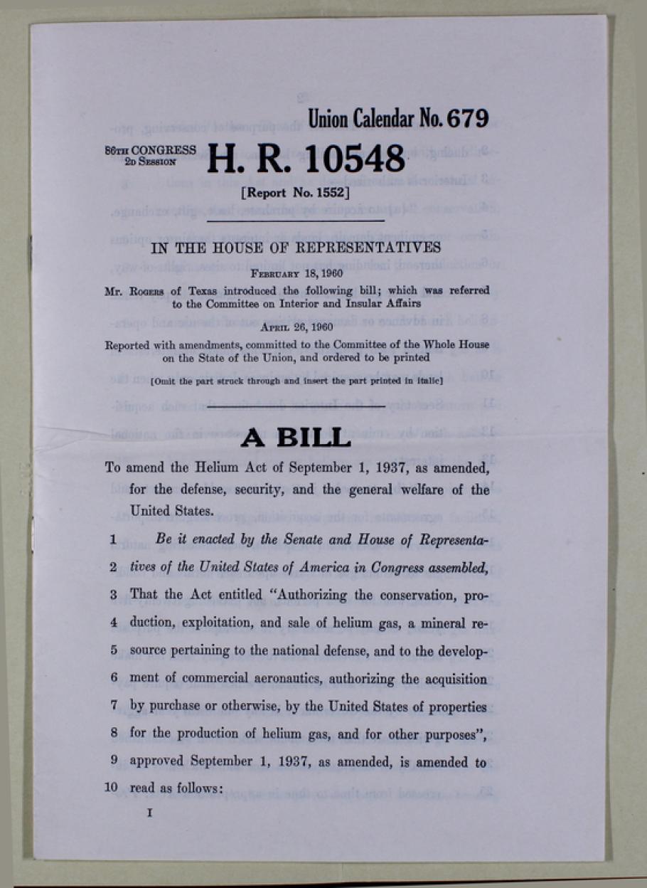 An image of a congressional bill related to the conservation, exploitation, production, and sale of helium gas.