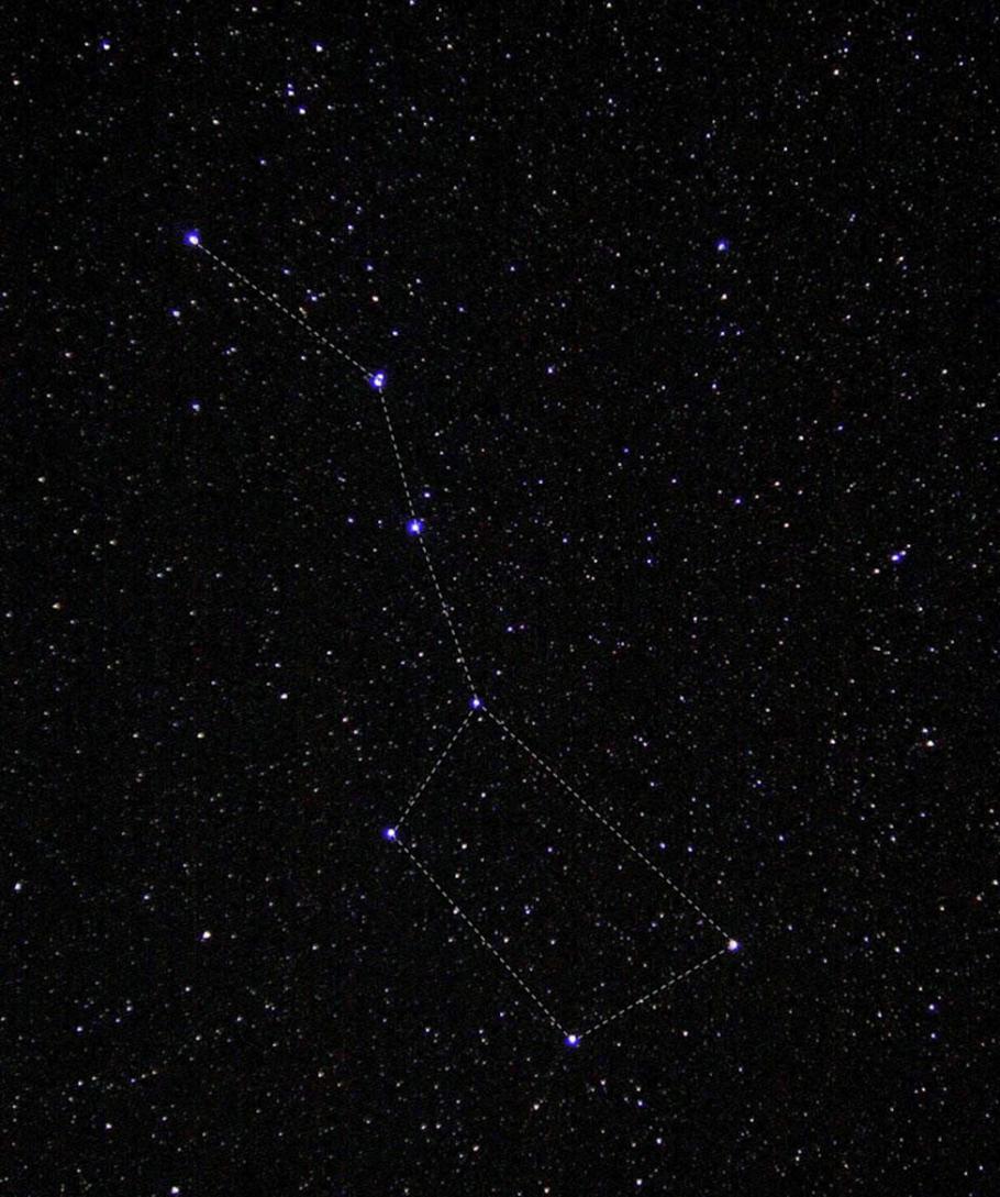 A picture of the night's sky with the outline of the constellation the Big Dipper super imposed. 