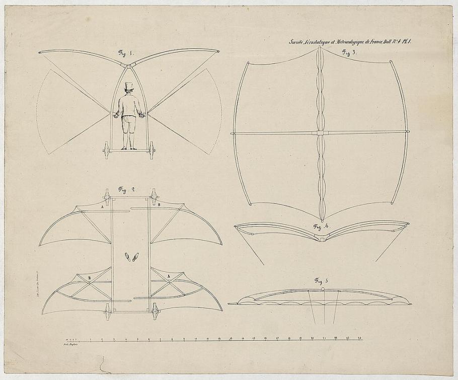 Four drawings showing the design of a winged apparatus that a human can ride on and take flight from.