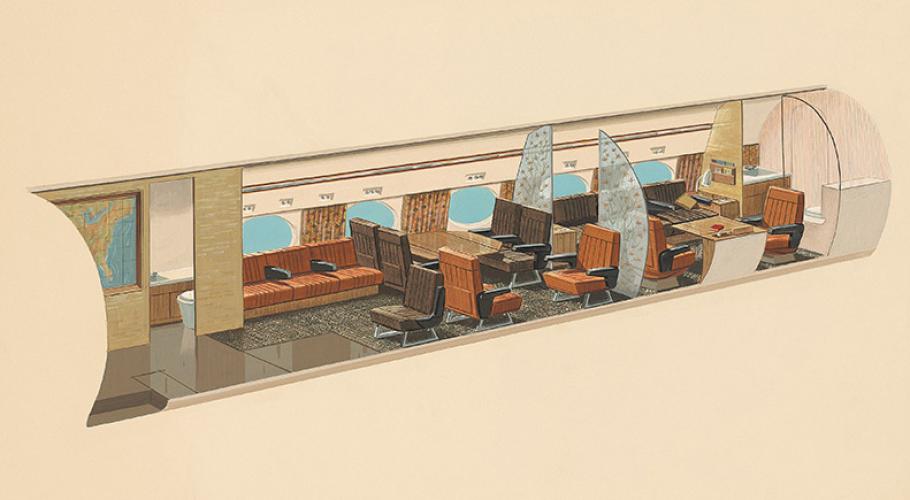 The interior of Disney's aircraft looks like an office with 1960s style furniture, with a light brown wood table and dark brown carpeting. There are a variety of seating areas with large apolstered seats--around tables, a sofa, and individual chairs.