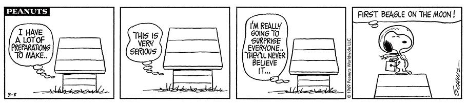 Four-panel comic strips depicting cartoon dog, Snoopy.