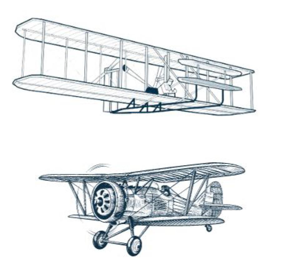 An illustration of two biplanes, planes with the wings stacked atop each other. 