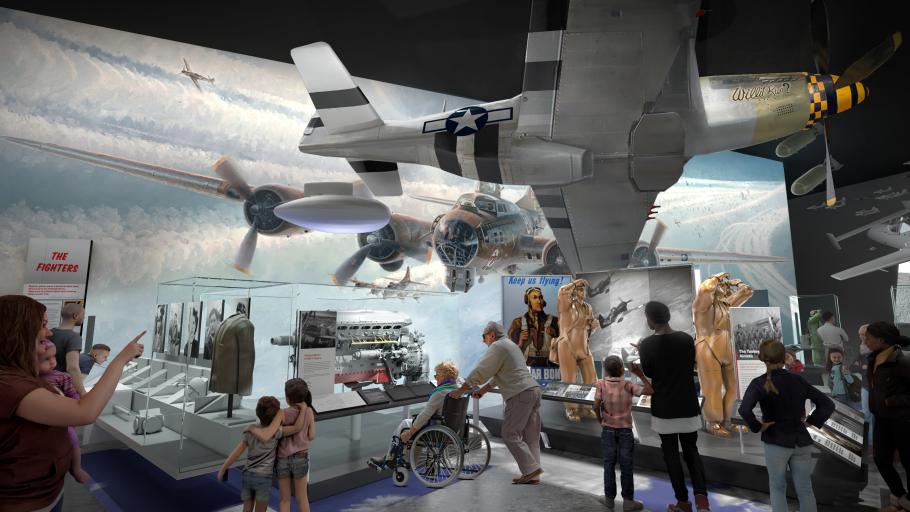 A rendering of a museum gallery with world war II aircraft hung from the ceiling and related objects on display.