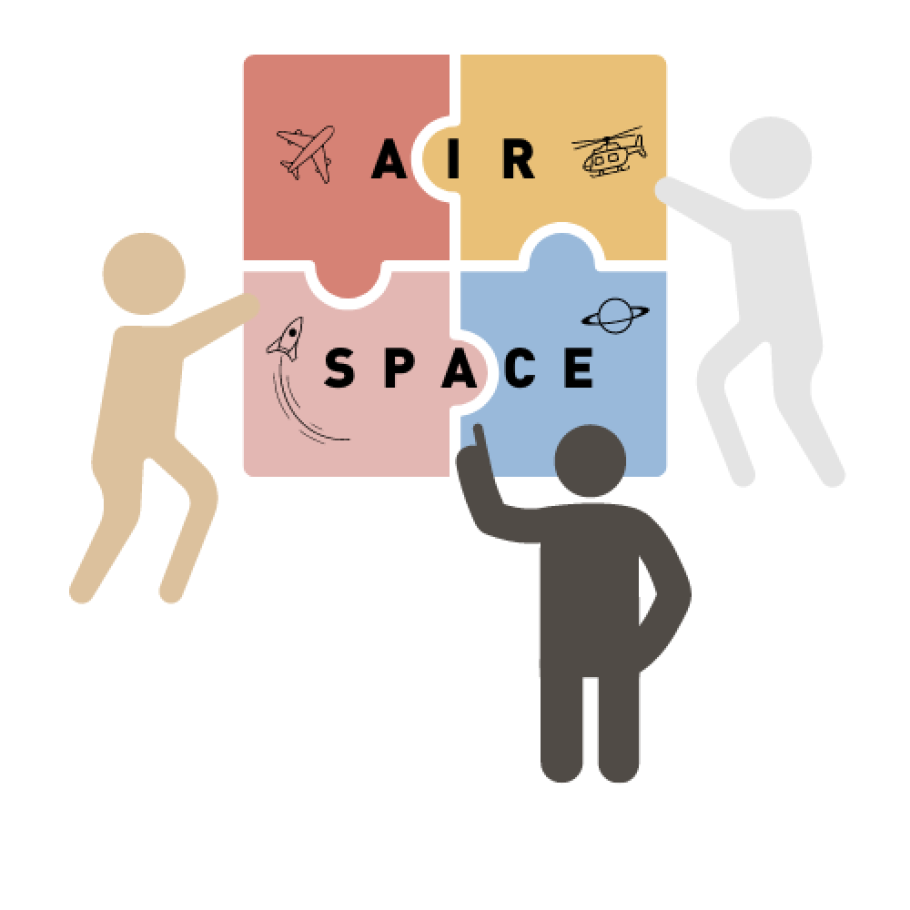 Three stick figures working together to put a puzzle together that says Air and Space, and has a picture of an airplane, a helicopter, a rocket, and a planet.