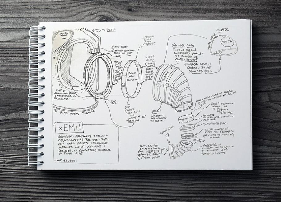 A detailed sketch of the spacesuit's shoulder assembly drawn by Adam Savage depicts multiple rings held together by fabric. Text on the sketch reads: "Shoulder Assembly showing relationships between hard and soft parts. Attachment methods noted. Left side is depicted, completely identical to the right side."