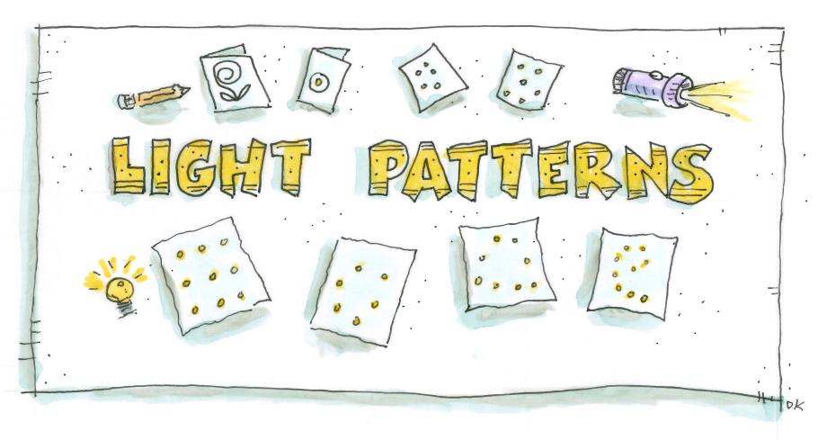 Drawing of cards, a pencil, a light bulb and a flashlight. It depicts a craft activity where holes are poked into cards and then a flashlight is lit over the cards to create patterns with the light. Drawing has the title "Light Patterns" in yellow block letters with designs on the letters. 