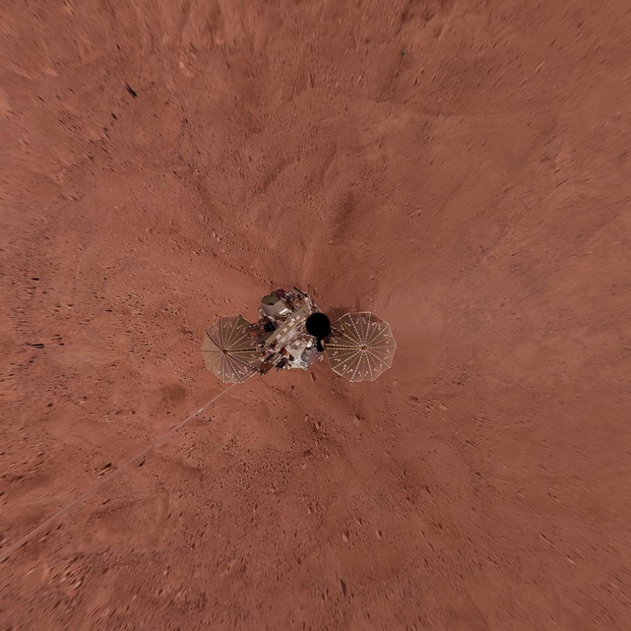 A lander with two large circular solar panels on each side is seen from above against a featureless red patch of Martian desert.