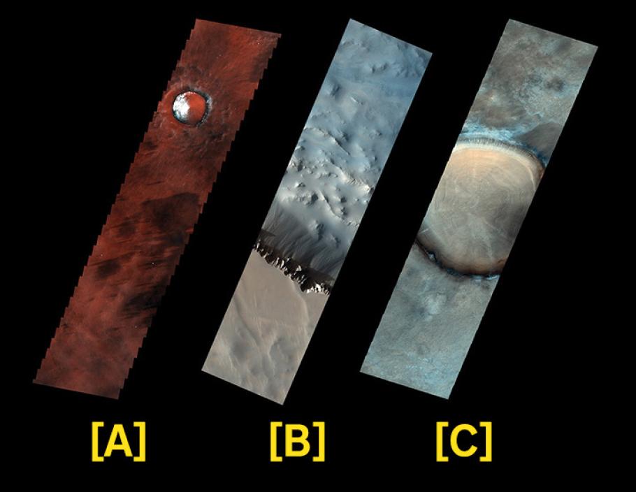 An image showing three parallelgrams of Mars. One is dark red, the other two are blue. One of the blue images is bumpy, another shows a crater.