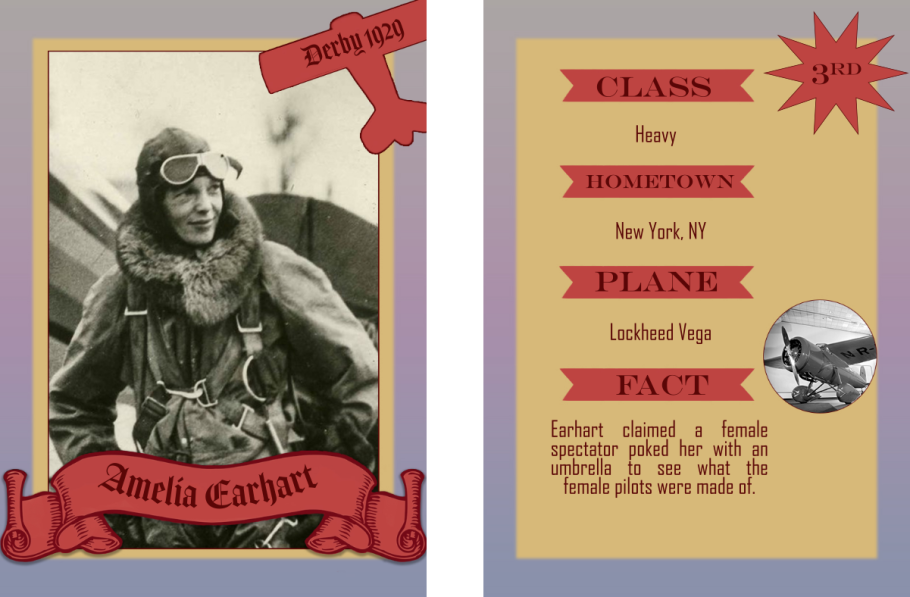 A design of a card where a woman aviator is on one side and textual information on the other.