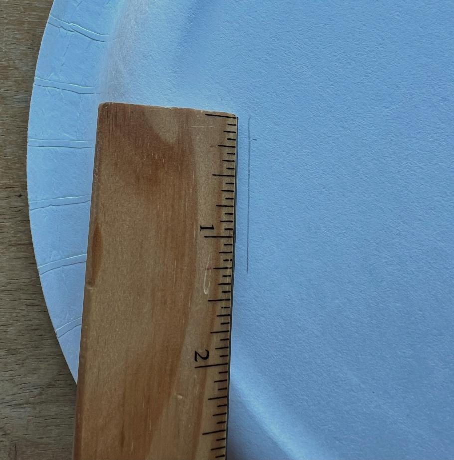 Photo of a close up view of the end of a ruler against a white paper plate. There is a pencil mark line parallel to the ruler measuring 1.5 inches, and another pencil mark dot along the line.