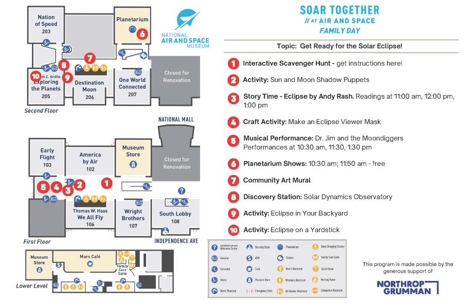A map showing the Soar Together family day activities at the National Mall building. 