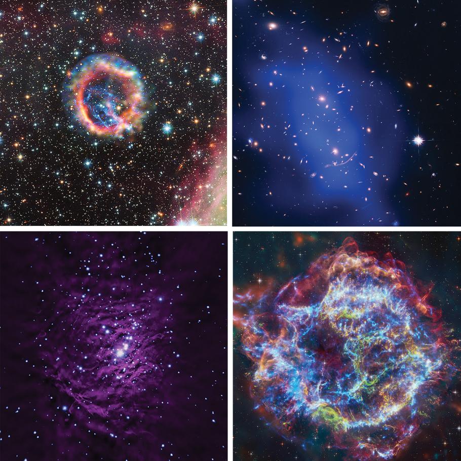 Four different images of stars, galaxies, and nebula shine bright against the black cosmos. In each image, light representing a celestial object is clusterd in a round shape.