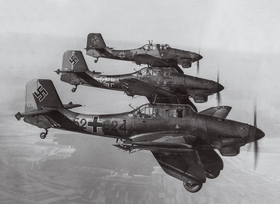 An ominous trio of German bombers fly in tight formation in the skies over Europe.