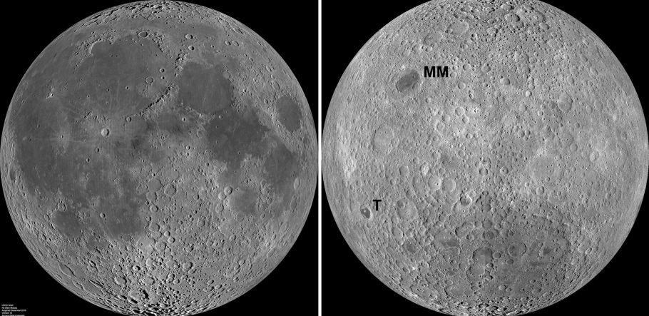 Two images side to side of a darker side of the Moon and a brighter side.