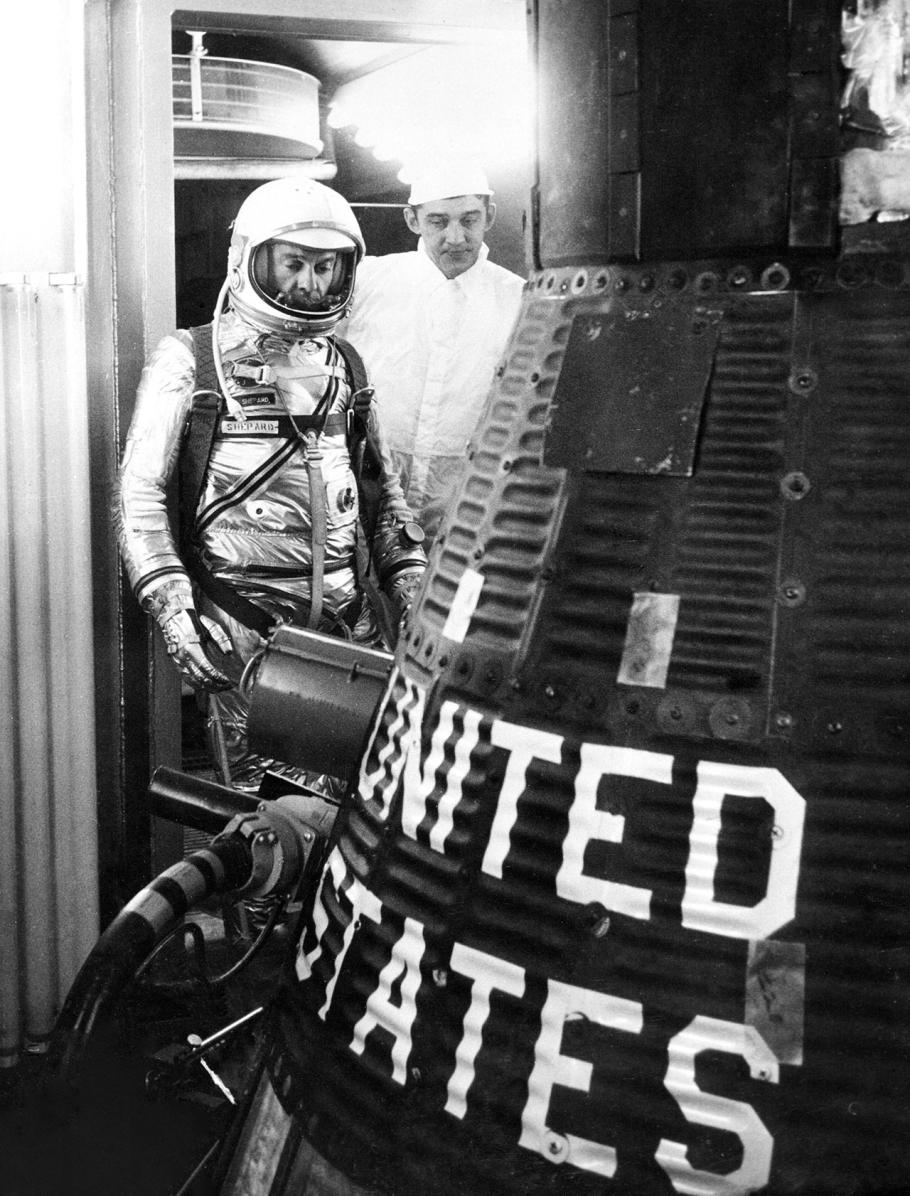 Alan Shepard prepares to board Mercury capsule Freedom 7 before to his launch on the first U.S. human spaceflight.