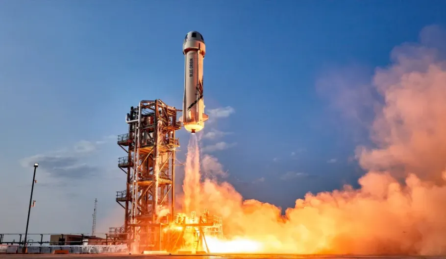 Blue Origin’s New Shepard rocket lifts off from the Texas launch site.