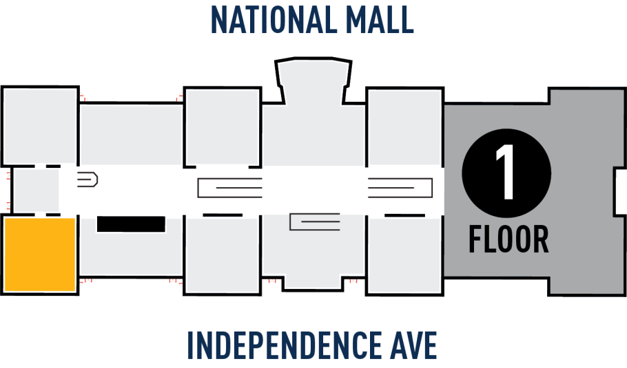 A drawing of the floor plan of the national air and space museum's national mall building. The top of the map has a label for the national mall and the bottom of the map has a label for independence avenue. The map is gray with a yellow square in the bottom lefthand corner, denoting the location of gallery 105.