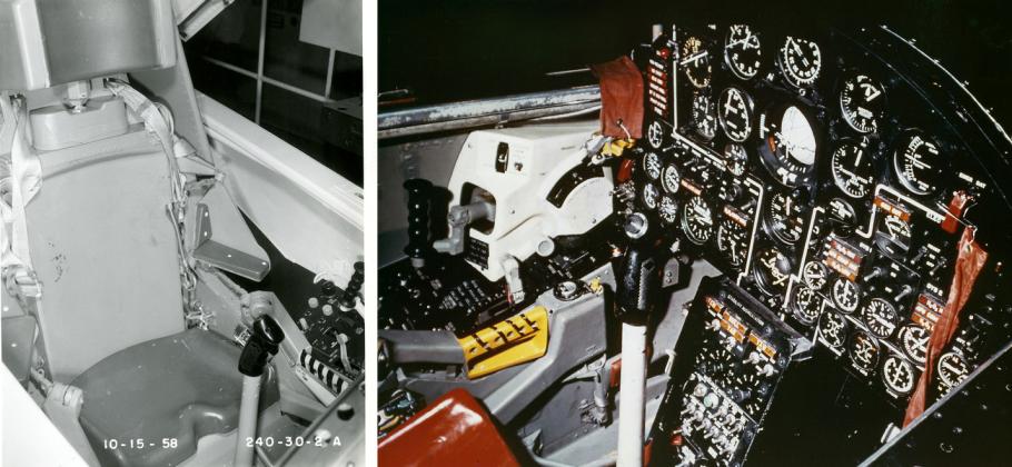 Interior view of a NASA spacecraft cockpit featuring detailed control panels with various switches and gauges.