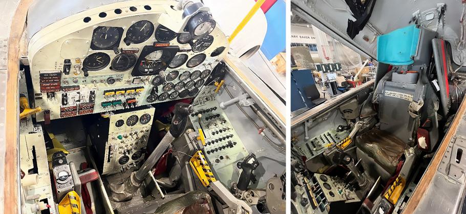 Interior view of a vintage aircraft cockpit with numerous gauges, levers, and controls, including pilot seats and flight instruments.