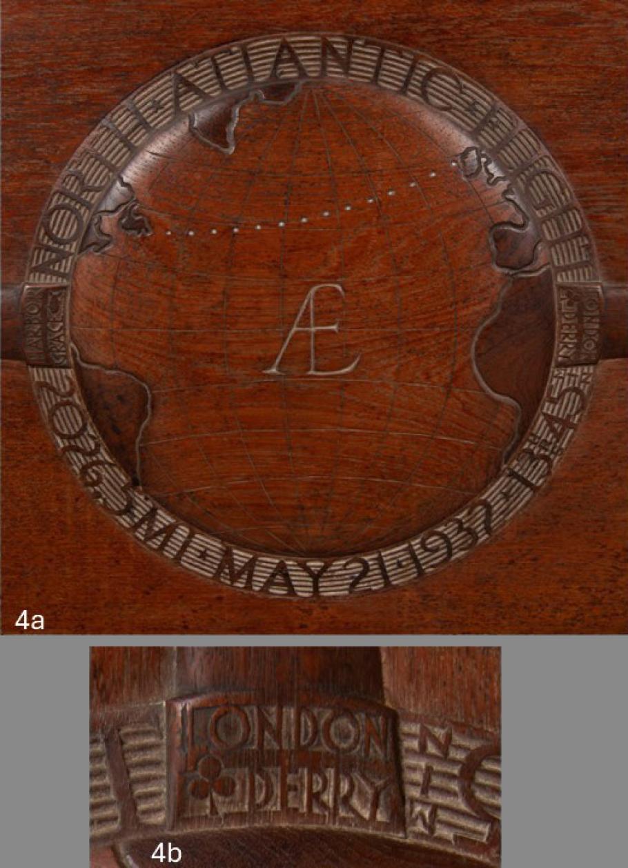 two close-up views of a carved wooden item with intricate details. The top section displays a globe with the letter "E" at the center, surrounded by the name "ATLANTIC" curved along the top edge. The bottom section features a detailed carving that reads "LONDON DERRY.