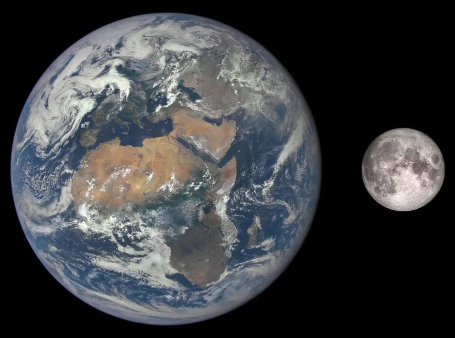 The Earth and the Moon pictured next to each other in a rendered image.