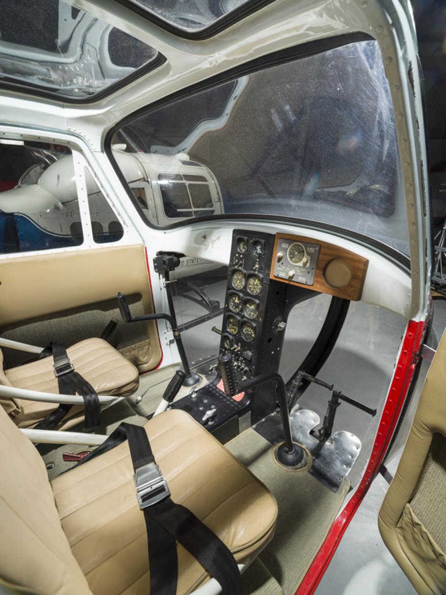 Interior view of a two-seat helicopter. 