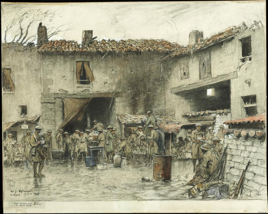 Soldiers standing outside of a building. 