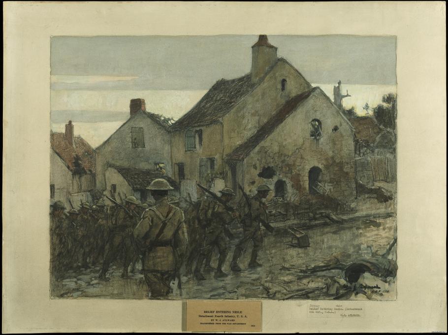 Soldiers move through a town. 
