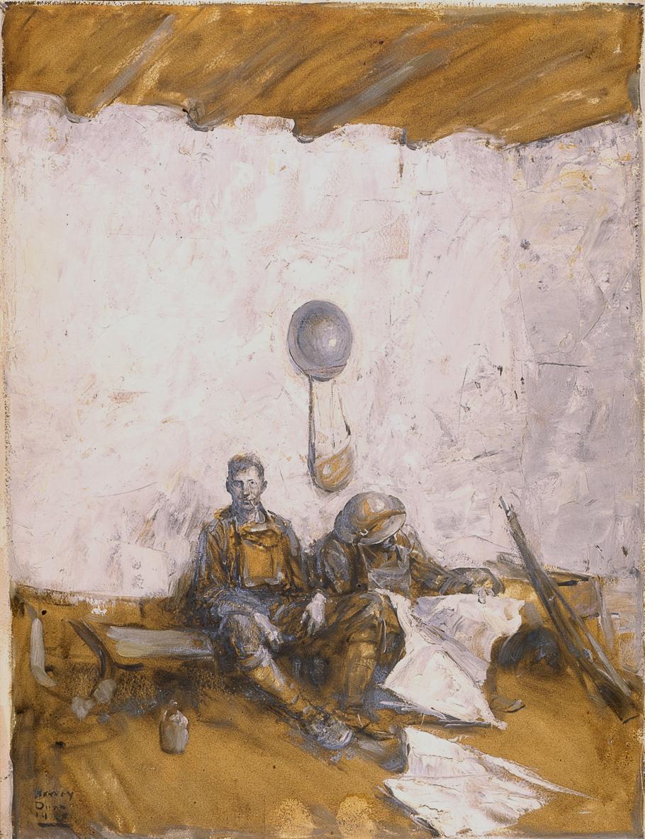 Soldier sits on a bench with hat and canteen hung on wall behind him. 