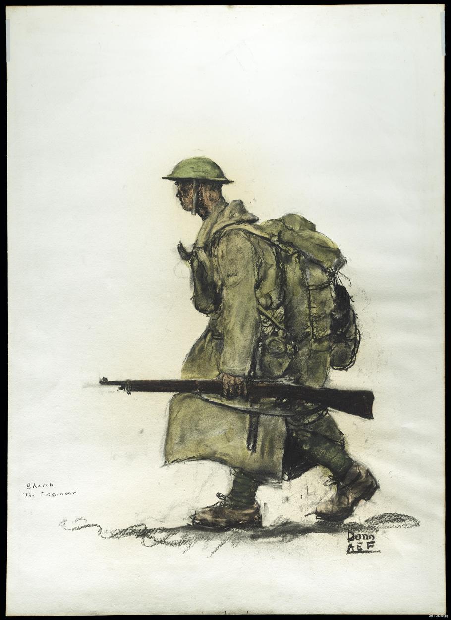 Soldier in profile walking with rifle in hand. 