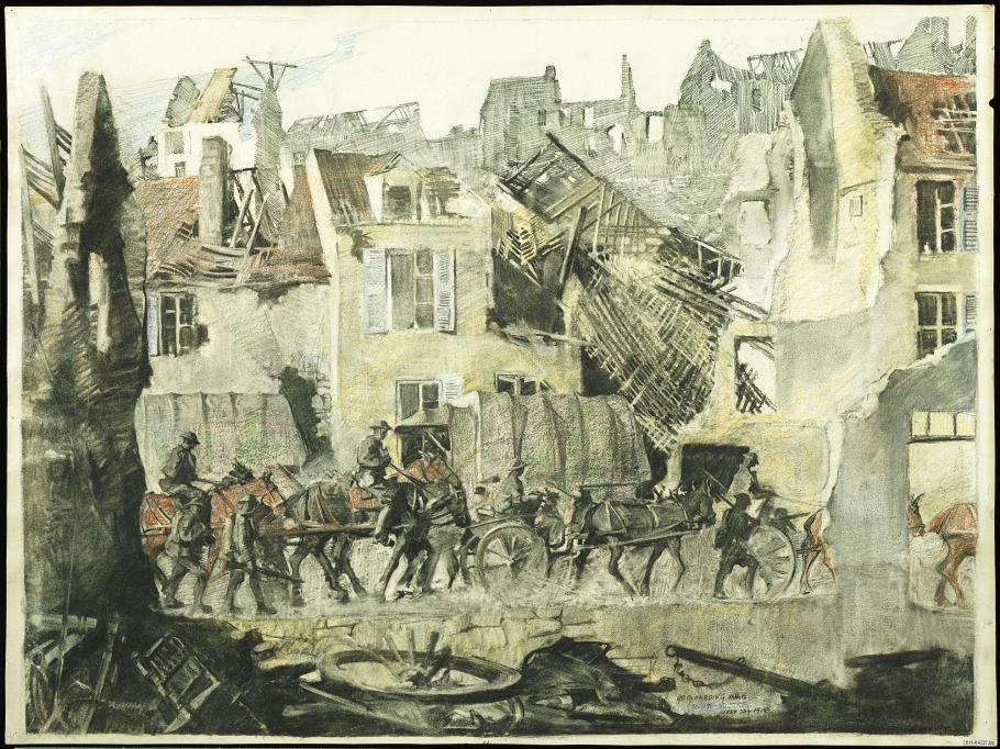 Soldiers on horse-drawn carriages in a badly damaged town. 